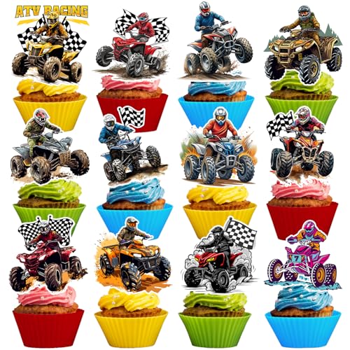 24 PCS Four Wheeler ATV Quad Bike Cake Cupcake Toppers, Dirt Bike Cupcake Cake Decorations ATV...