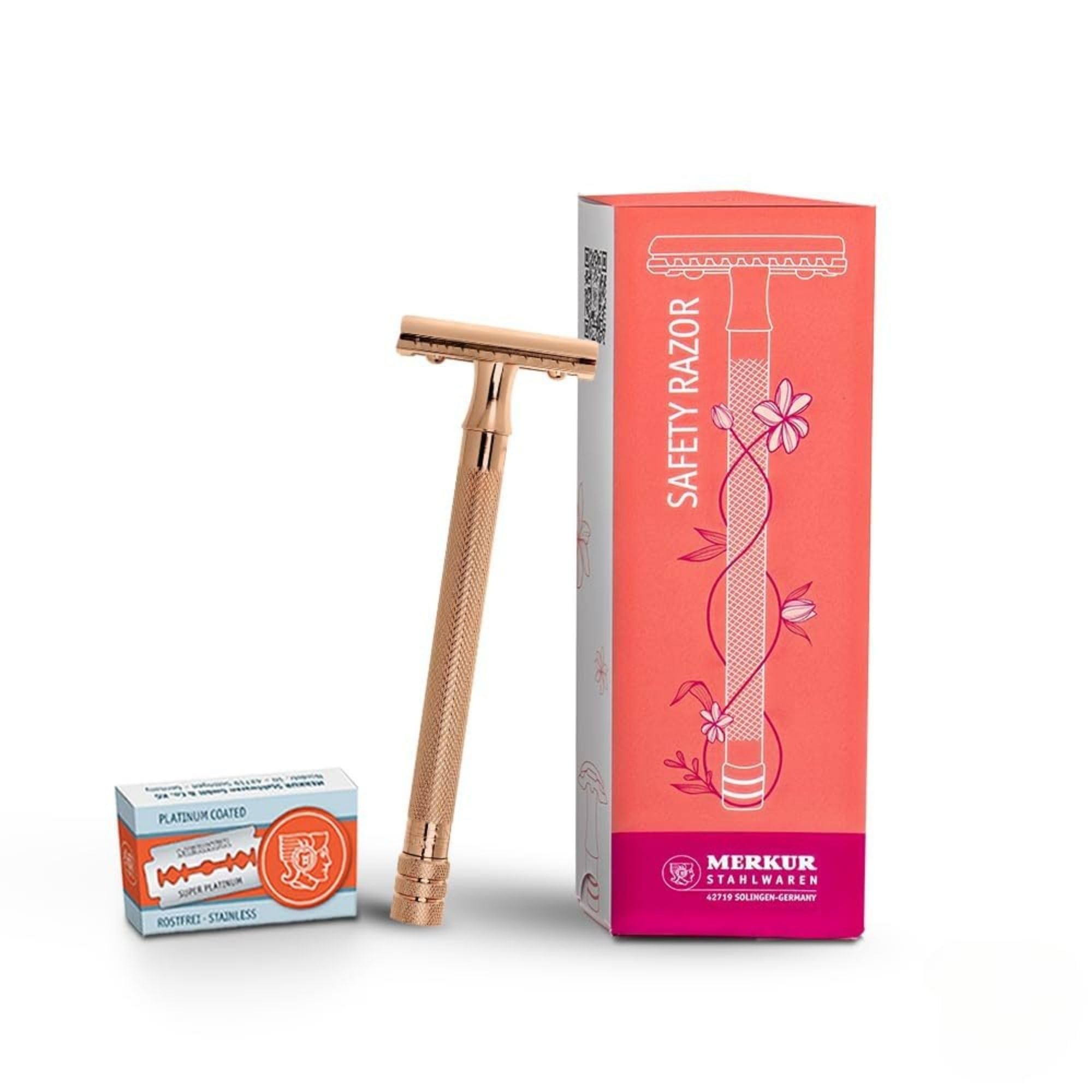 MERKUR 24G Rasierhobel für Damen mit 10 Premium Rasierklingen | extra langer Griff | Dreiteiliger Rasierer | gerader Schnitt | Roségold | Made in Germany