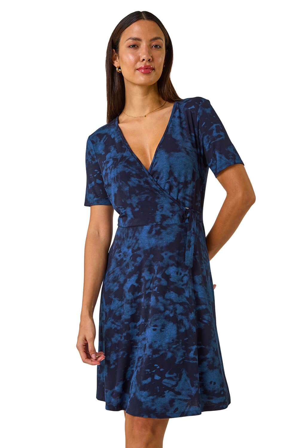 Roman Originals Women's Blue Noir Roman Ring Buckle Wrap Stretch Dress For Uk - Autumn Everyday Winter Holiday 3/4 Sleeve Soft V-Neckline Comfy Knee Length Frock Warm Gowns Midi - Size 20