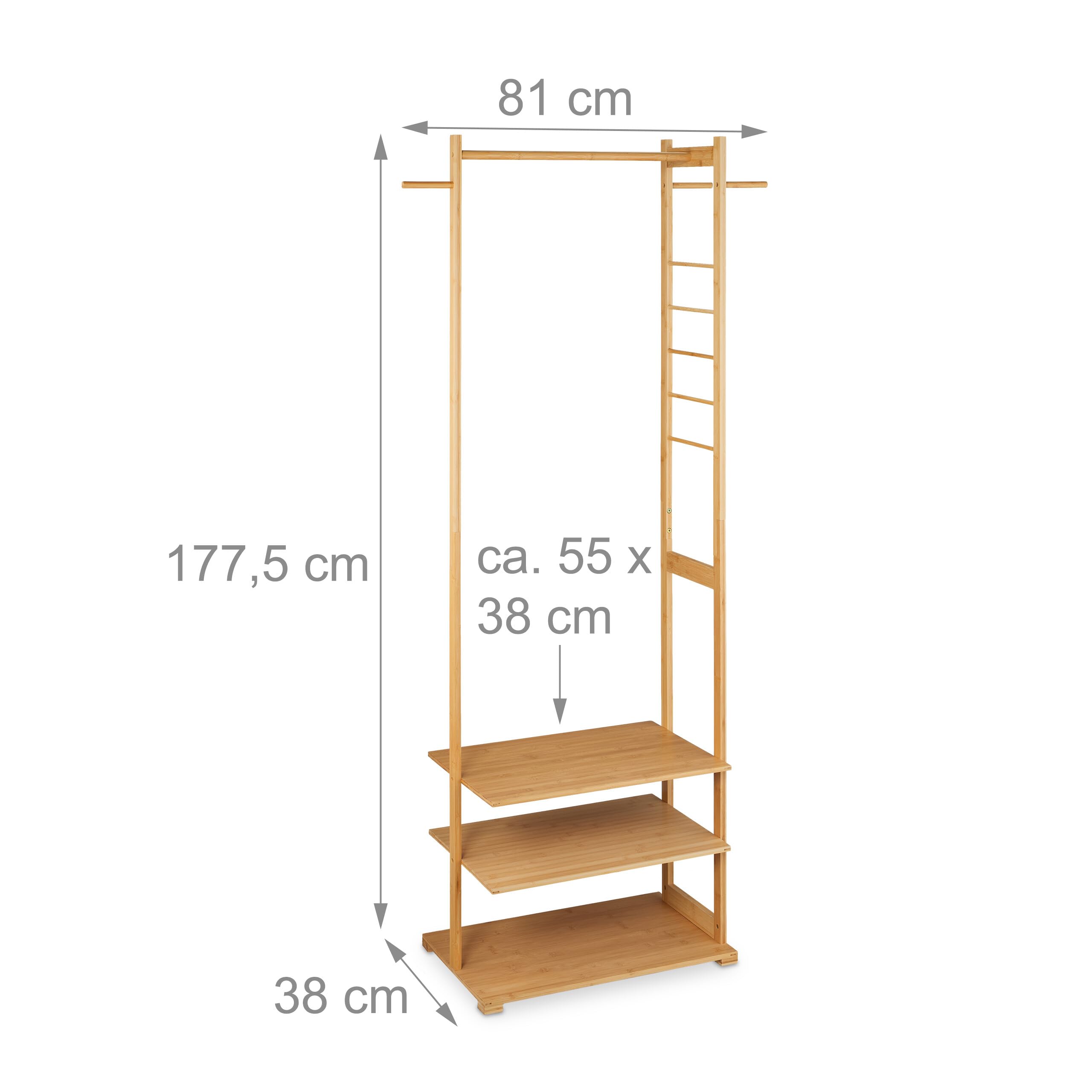 Relaxdays Appendiabiti in bambù 3 Ripiani 3 Ganci 177,5x81x38 cm Marrone Naturale
