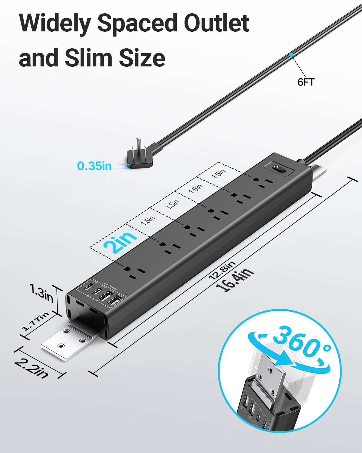 Tira de alimentación plana para debajo del computadora, cable de extensión de 6 pies, protector de sobretensiones para montaje en pared, 6 salidas de CA + 2 puertos USB A y 2 puertos de