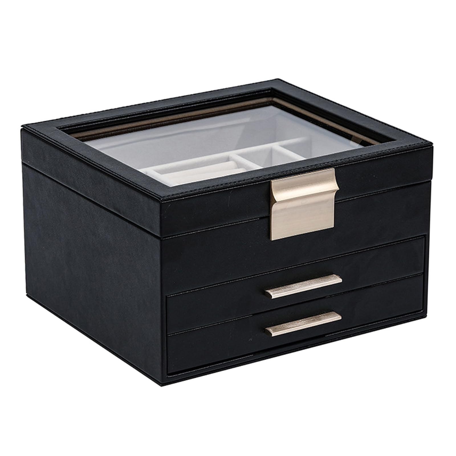 Msioytog Multifunctional Jewelry Box Transparent Lid Flannel Interior PU Leather Gold Hardware for Display Layered Jewelry Box