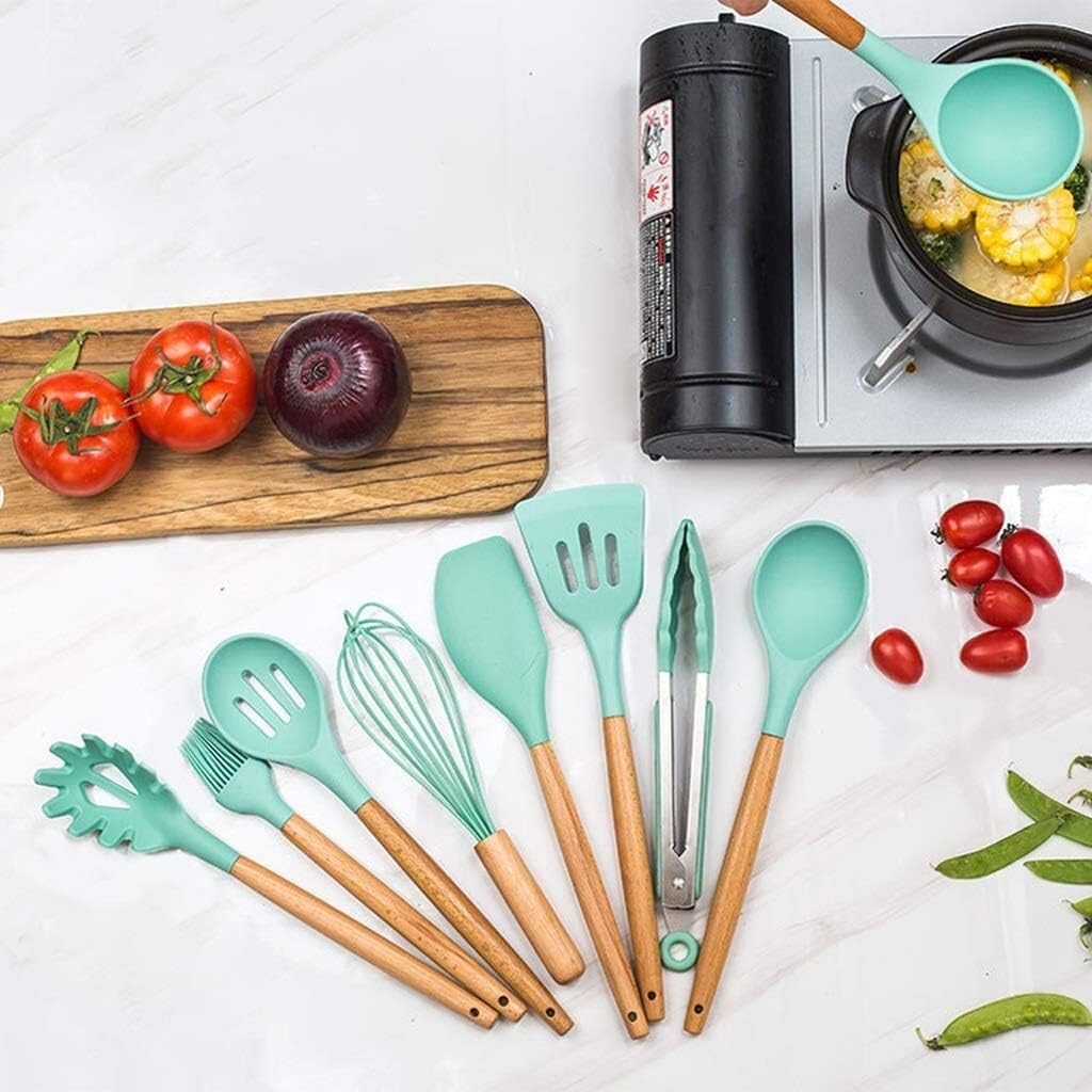 Kochutensilien, 11-teiliges Küchenutensilien-Set aus Silikon, Kochutensilien – hitzebeständige Küchenutensilien, Holzgriff, Löffel, Kochutensilien-Sets