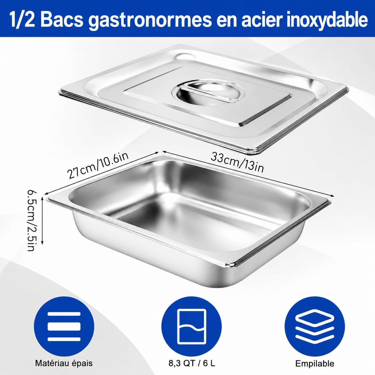 Lot de 4 Bacs Gastronormes GN 1/2 avec Couvercles – Bac GN Professionnel en Acier Inoxydable Profondeur 65 mm – Plat Inox Empilable pour Buffet, Chafing Dish et Restauration