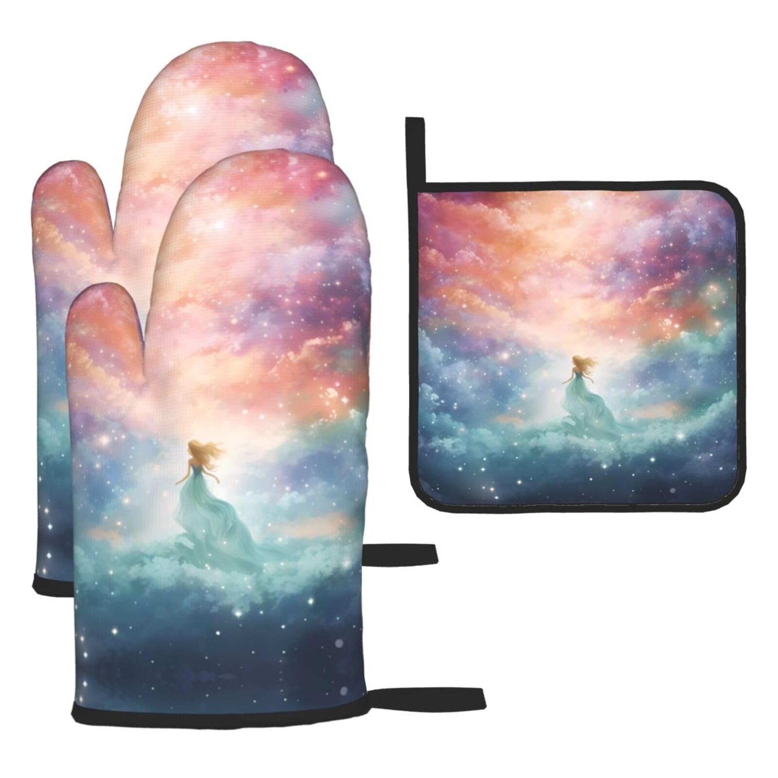 Fantasy Paradise Space Oven mittens and oven mitts three-piece set suitable for oven, grilling, baking, microwave and home cooking.