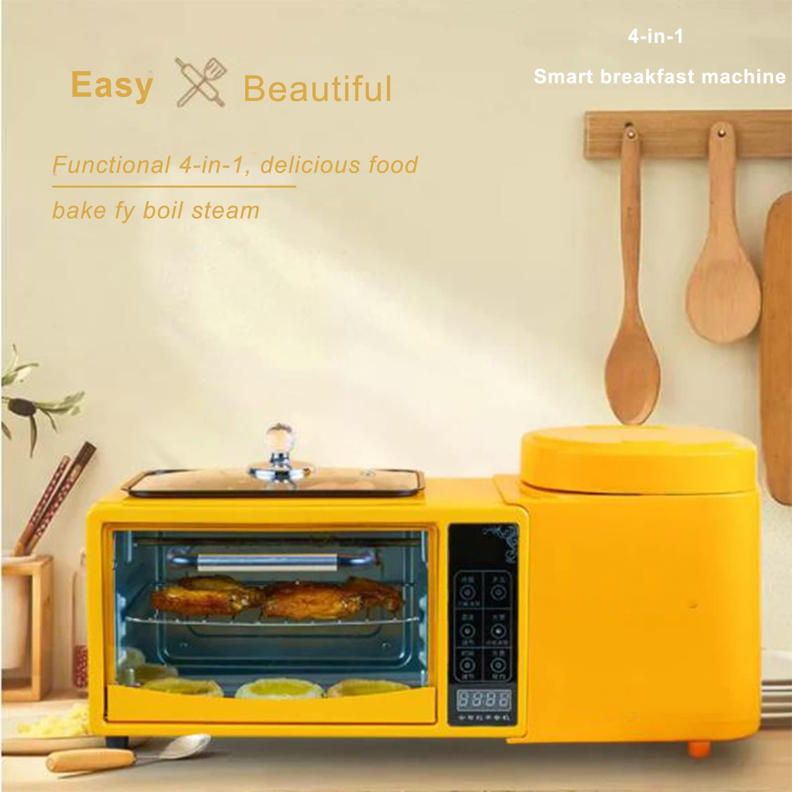 Frühstücksmaschine Multifunktions 4-in-1 8l 2-lagig Backofen Plus 1l Elektrischer Dampfer Plus Elektrische Bratpfanne, 2 Schichten Unabhängige Temperaturregelung, Touchscreen Design