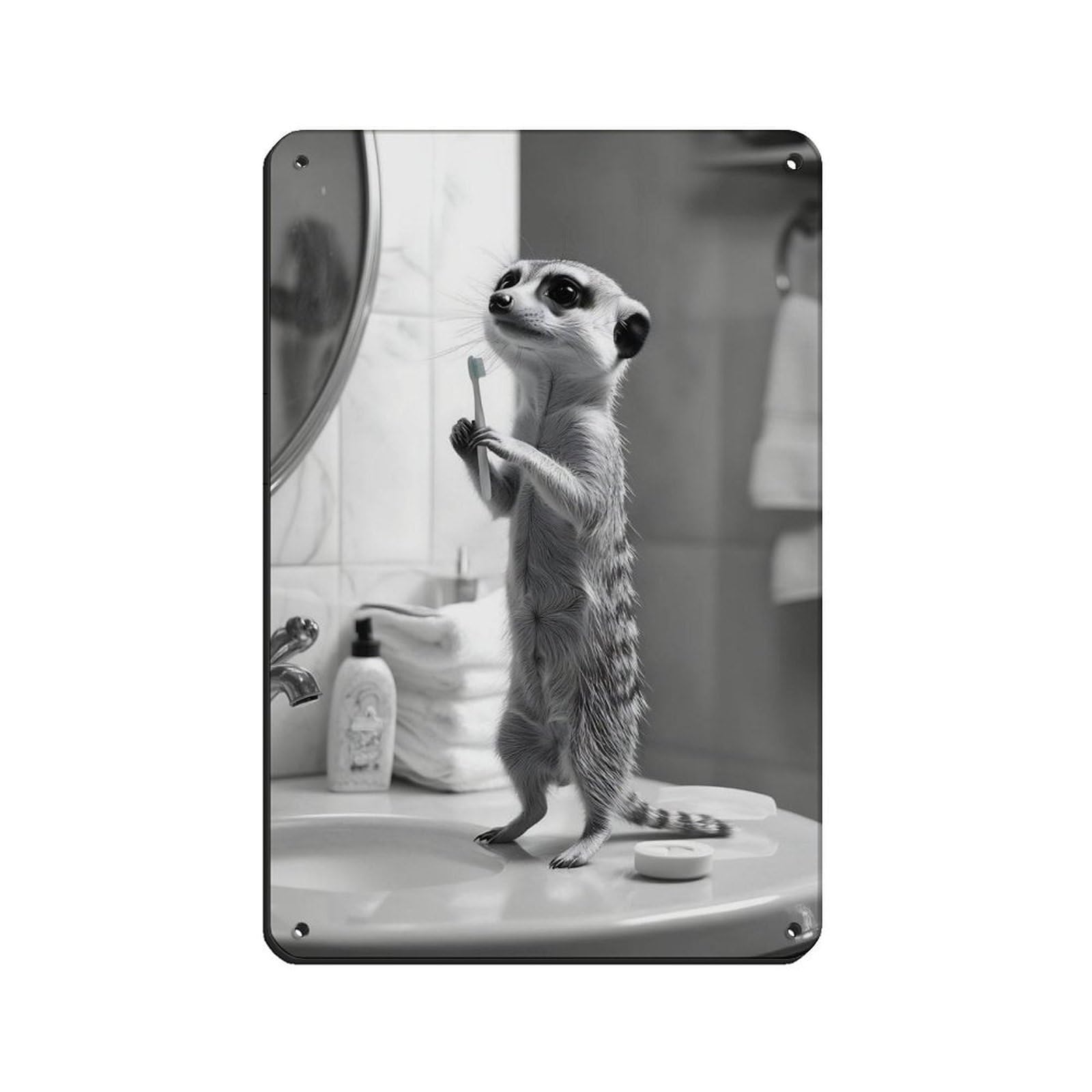 Lxwnze 20L X 30W Cm Cute Meerkat,Meerkat Brushing Teeth Art Tin Sign Vintage Metal Pub Club Cafe Bar Home Wall Art Decoration Poster Retro 8X12inch(20X30cm)