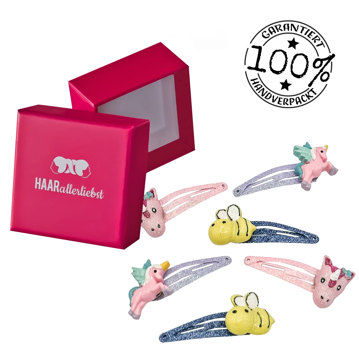 HAARallerliebst Hair Clip Set (6 Pieces, Unicorn and Bee, Glitter) for Girls with Box for Storage - Image 3