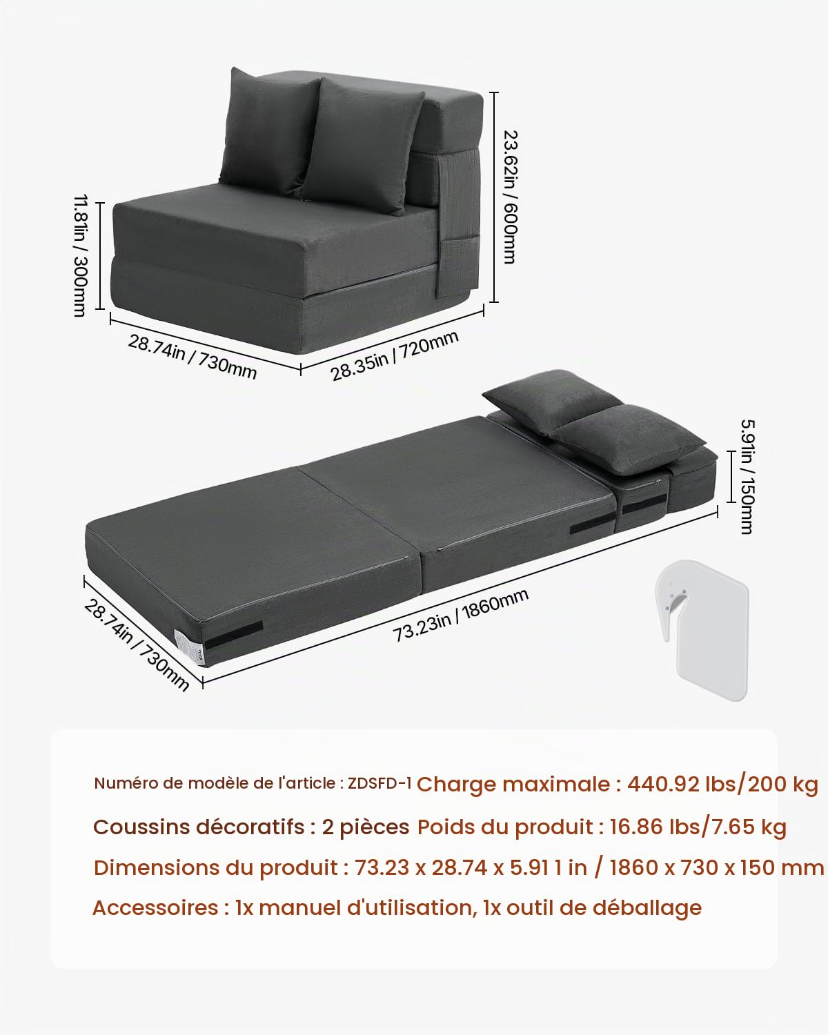 VEVOR Canapé-lit Pliant, 3 en 1, Fauteuil-lit Convertible Pliable, 2 oreillers et Housse Lavable, canapé-lit futon en Mousse à mémoire de Forme, pour Salon, Chambre, Gris foncé, 186 x 73 cm (Single)
