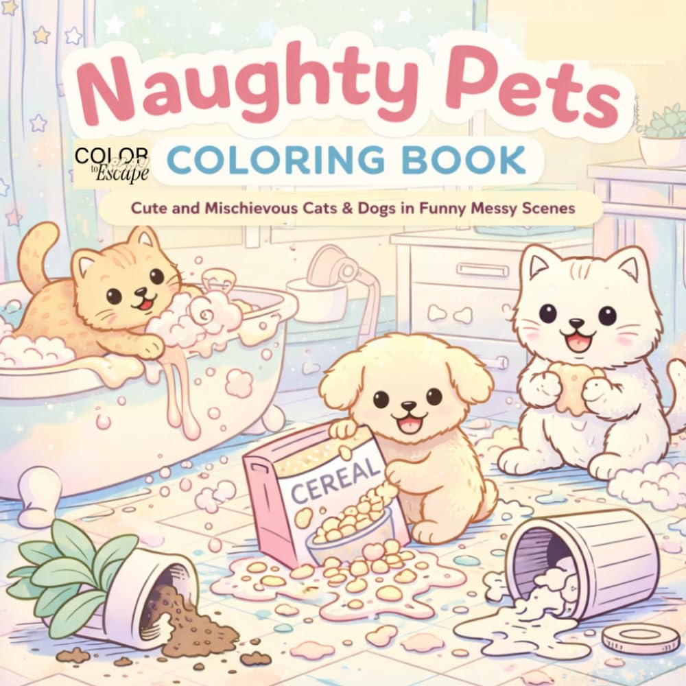 Naughty Pets Coloring Book: Cute and Mischievous Cats & Dogs in Funny Messy Scenes