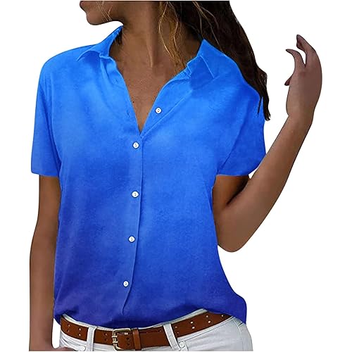 Womens Short Sleeve Shirts Casual Lapel Neck Button Down Gradient Printed Shirts Summer Dressy Casual Shirt Tops