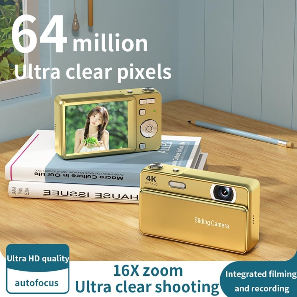 Slider - Fotocamera digitale portatile, 64 MP, registrazione 4 K, zoom 16x, schermo ad alta definizione, design compatto in metallo, stabilizzazione elettronica, per studenti di fotografia di viaggio