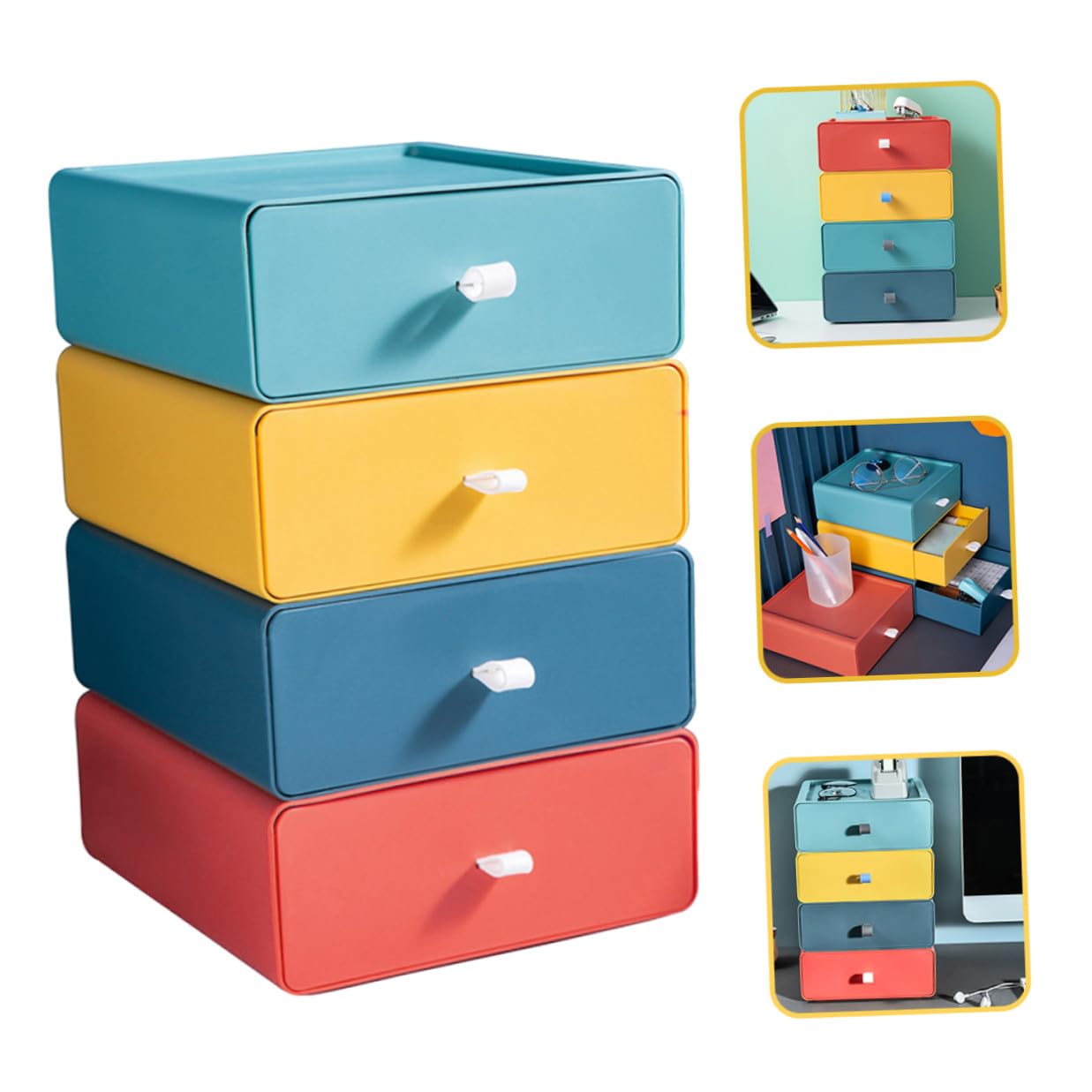 Lurrose Scatola di Immagazzinaggio Cassetto Portaoggetti Impilabile da Scrivania, Plastica Resistente, Organizzatore Multifunzione per Ufficio e Casa, Set da 4 Pezzi Colorati (giallo,