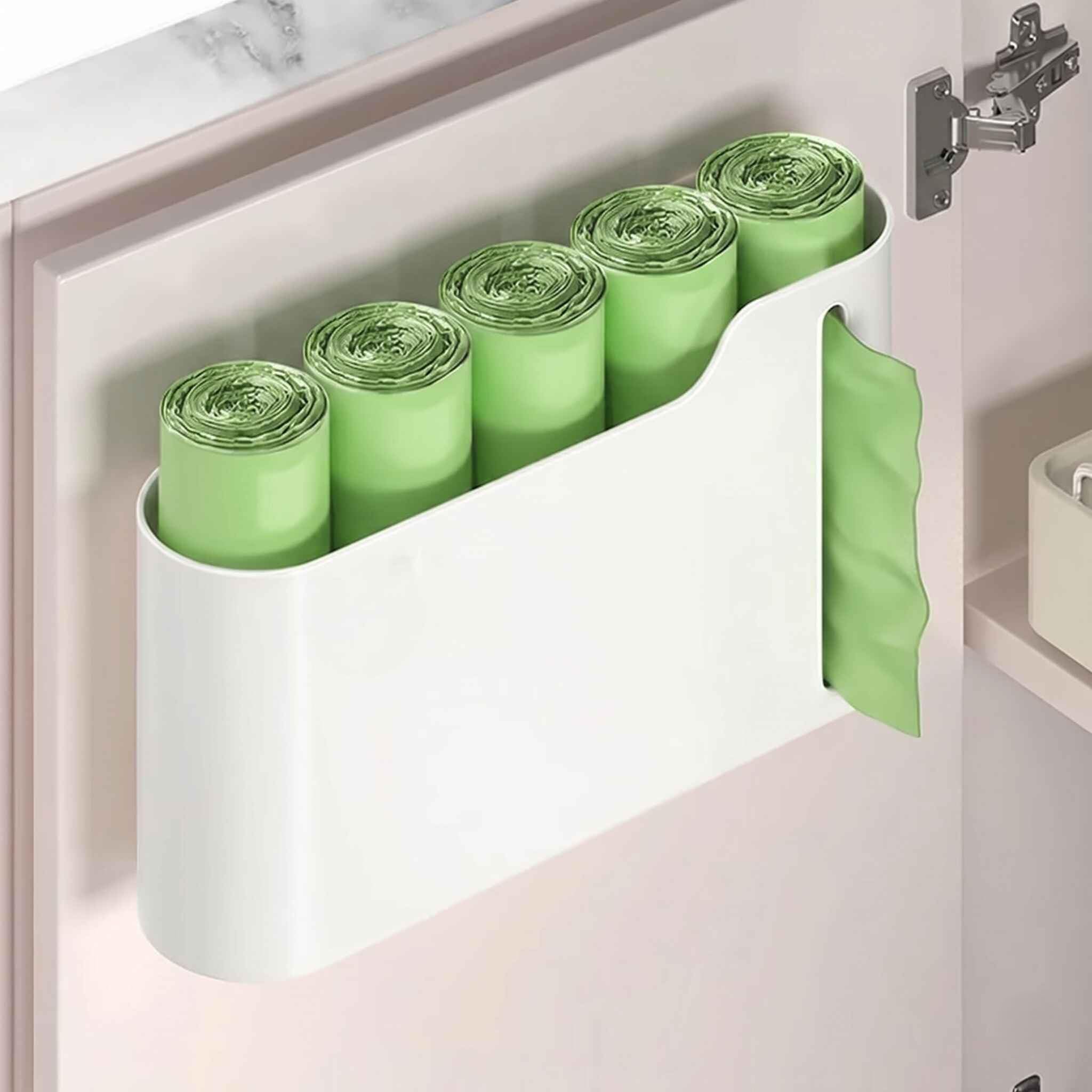 Wall-Mounted Garbage Bag Dispenser Storage Box Refillable Waste Trash Bag Holder, No-Drill Organizer for Kitchen, Bathroom, and Office (White)-image-16