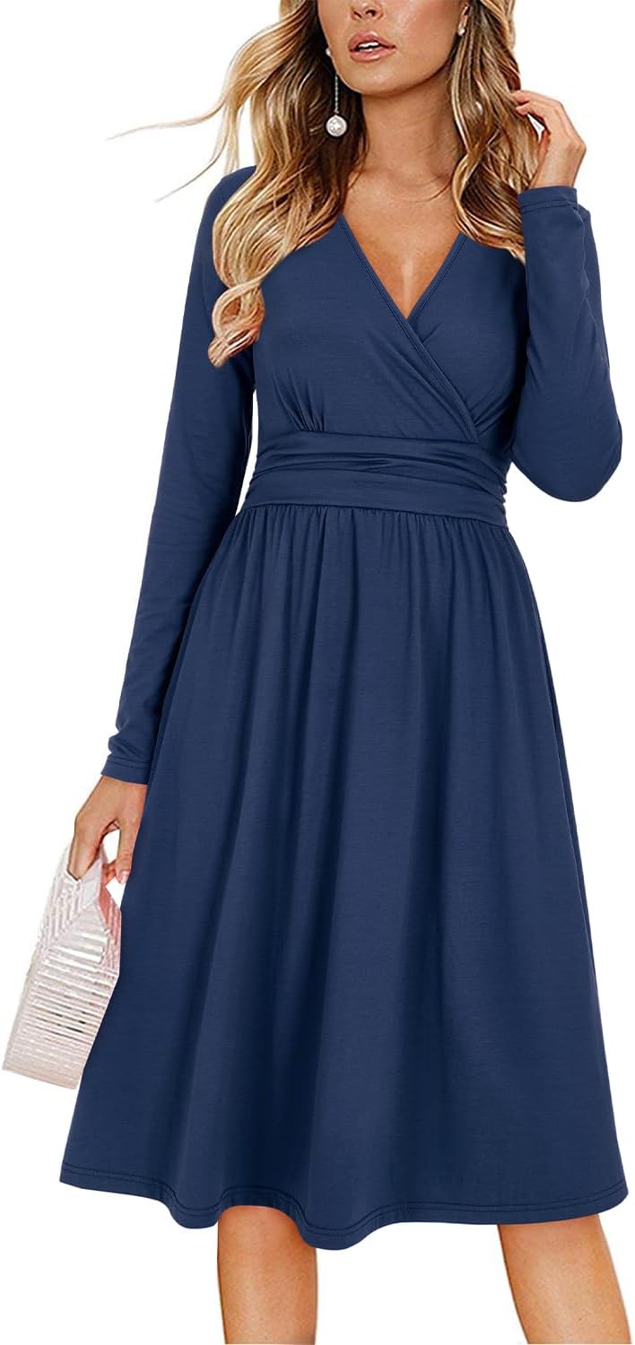 OUGES Women's Fall Long Sleeve Dress Casual Wrap V Neck Flowy Midi Wedding Guest Dresses with Pockets 2025