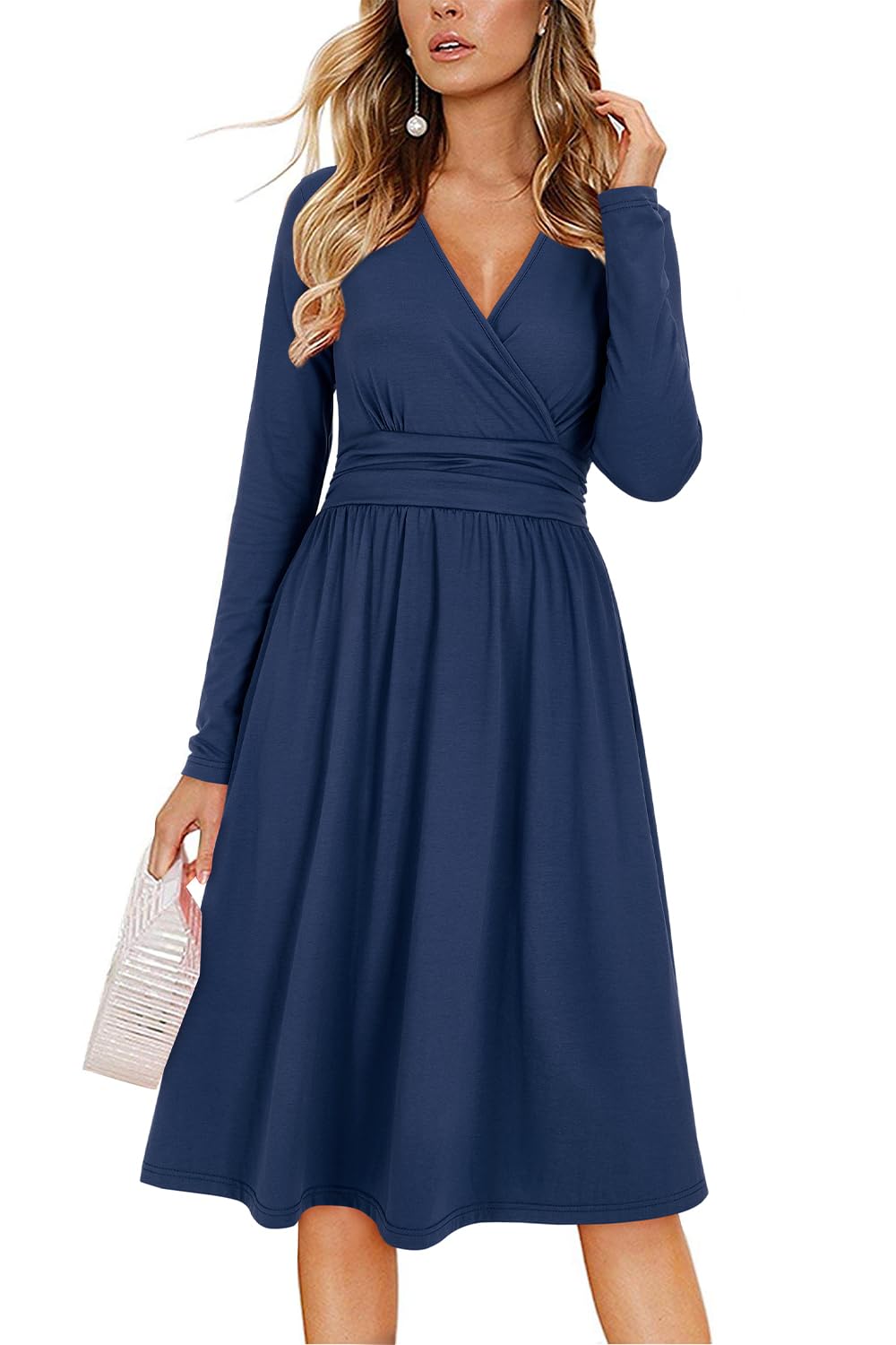 OUGESWomen's Fall Long Sleeve Dress Casual Wrap V Neck Flowy Midi Wedding Guest Dresses with Pockets 2025