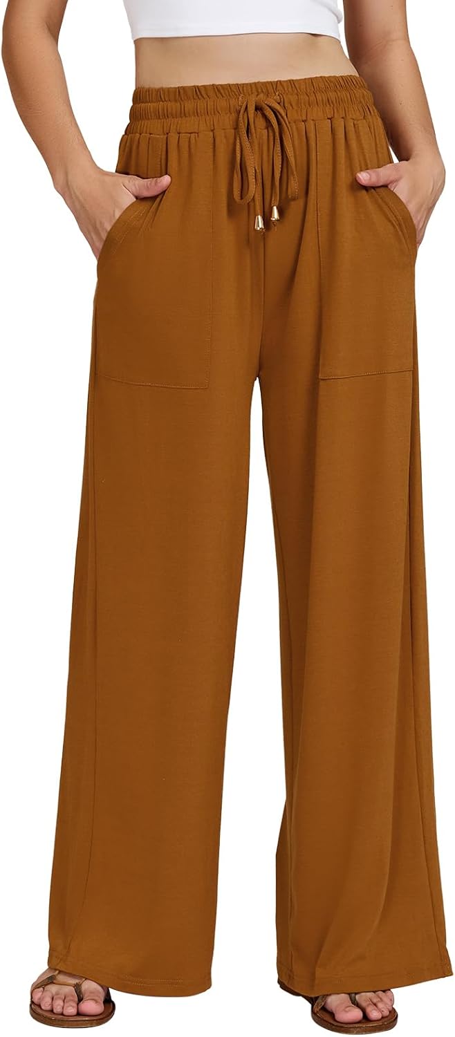 Womens Wide Leg Pants Elastic Waisted Casual Palazzo Pant Travel Vacation Beach Trousers with Pockets