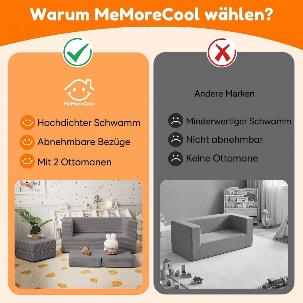 MeMoreCool Kindersofa aus Cord, Ausklappbares Schaumstoff Sofa, Modulare Mini Couch für Kinderzimmer & Schlafzimmermöbel, Hellgrau