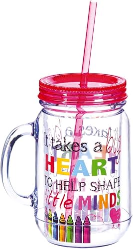 Cypress Home Teacher Appreciation 20 oz Gift Mug It Takes A Big Heart To Help Shape Little Minds | Red | Double Wall Insulated Mason Jar With Straw | 6.25-in Tall x 5-in Wide