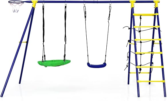مجموعات GLACER Swing للفناء الخلفي، ملعب كبير للأطفال بوزن 550 رطلاً مع حصة أرضية، أرجوحة طوق وصحن لكرة السلة، سلم تسلق وشبكة، مجموعة لعب معدنية ثقيلة في الهواء الطلق على شكل حرف A، للأولاد والبنات