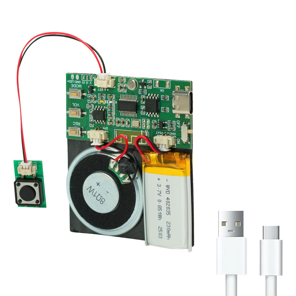 Modulo audio, supporto Bluetooth e microfono registrazione audio, chip vocali da 8 MB con altoparlante, chip di registrazione audio facile da 16 minuti per saluti personalizzati, progetti fai da te