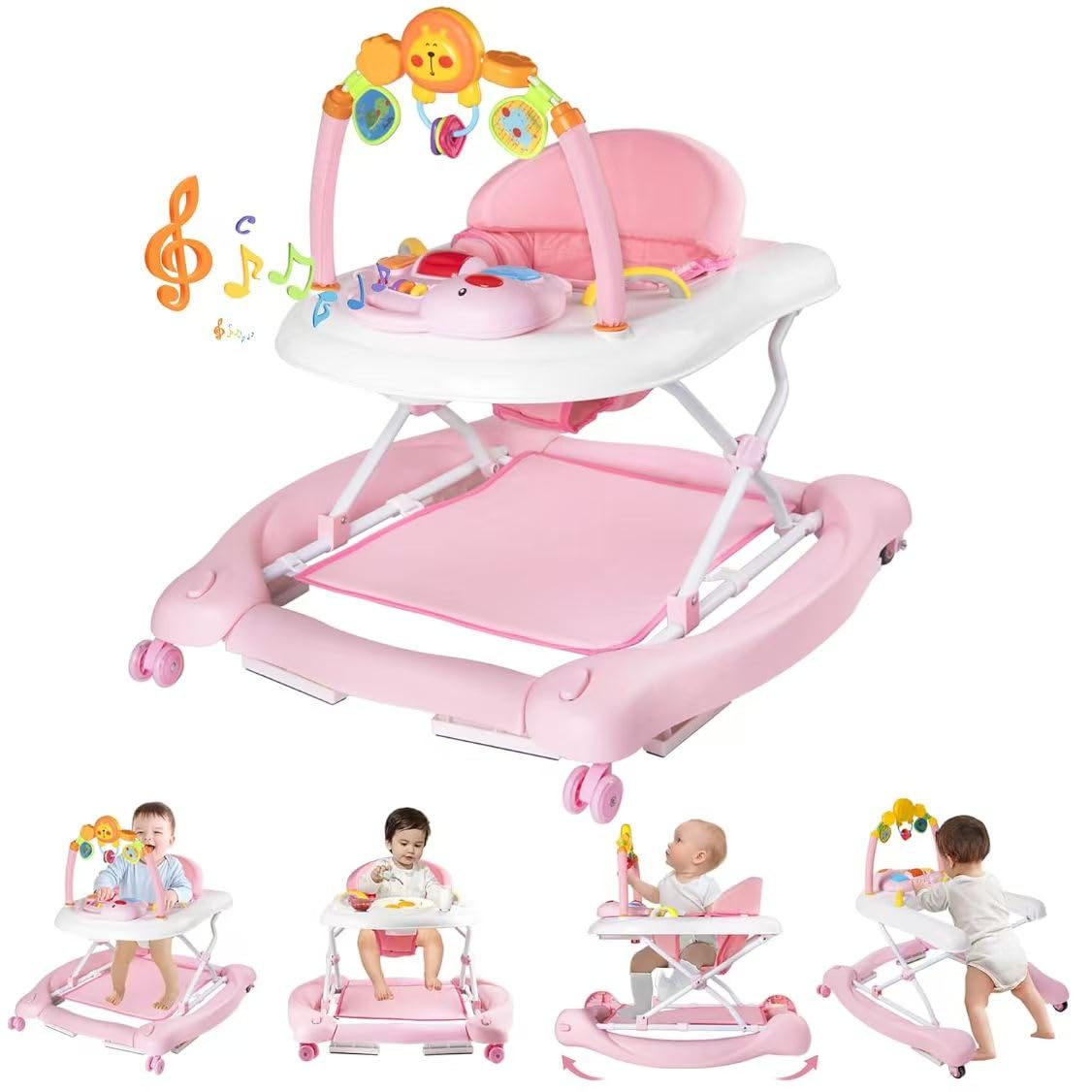 RefoereBabe Baby Walker with Wheels, 5 in 1 Baby Walkers for Boys Girls 6-12 Months, Foldable Walker Baby with Bouncer & Feeding Tray, Music, Adjustable Heights