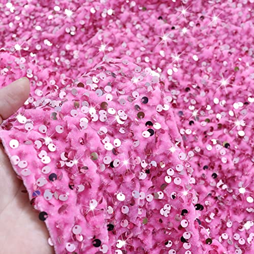 Modfuns Shiny Pink Sequin Fabric By The Yard 1 Yard Stretch Velvet Fabric For Sewing Clothing Glitter Pink Sequins Paillette Dress Material Soft Upholstery Craft Fabrics Mermaid Linen Material Fabric #TOP1