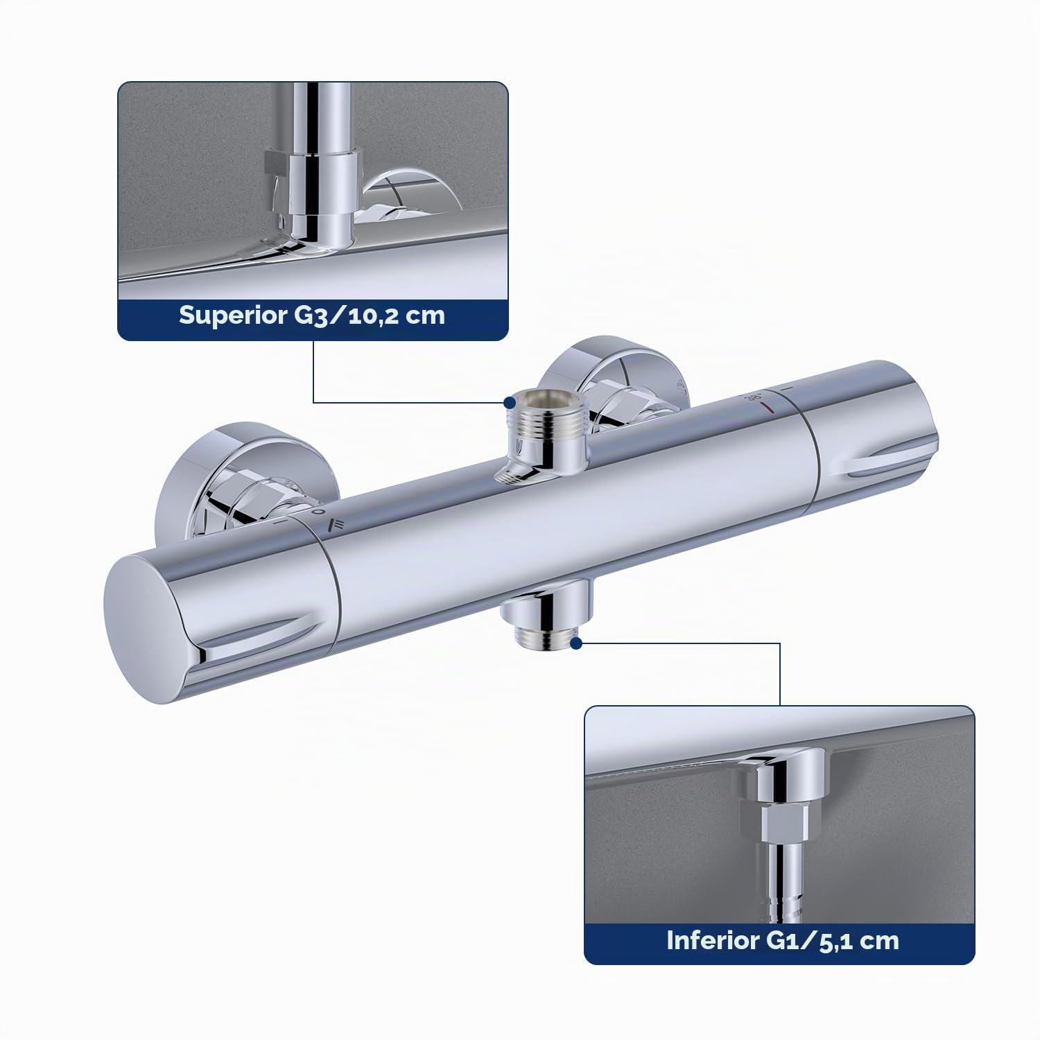 Mezclador Termostático de Ducha con 2 Salidas, Mezclador de Ducha y Grifo de Baño, Salida Superior 3/4" BSP (26.4mm) y Salida Inferior 1/2" BSP (21mm), Redondo Cromado
