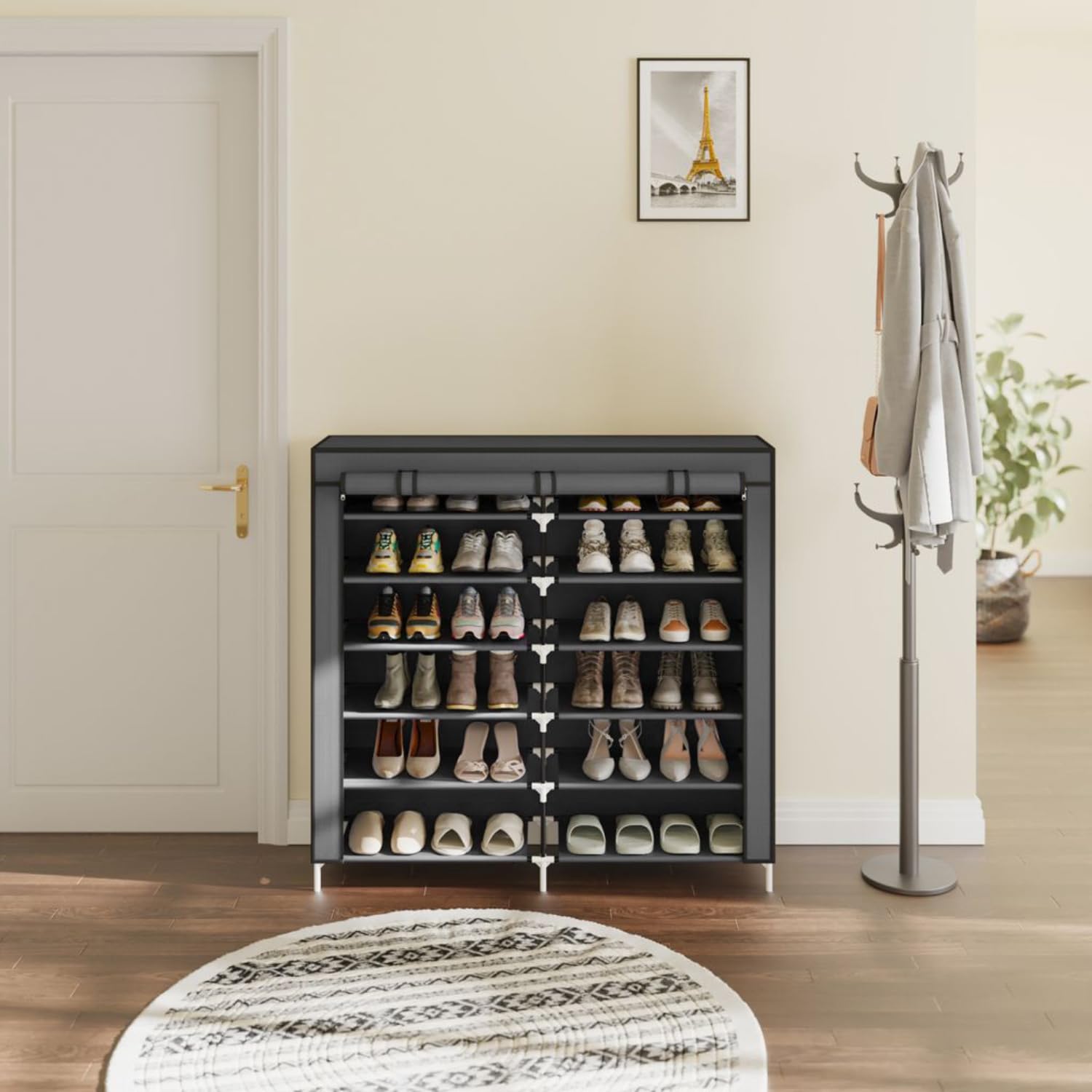 ZOLTA Textilschuhschrank 6 Ebenen 12 Fächer grau 107×114×29 cm mit Rolltüren Reißverschluss Schuhregal Stoffschrank Metallrahmen platzsparend leicht Staubschutz für Flur Schlafzimmer Keller