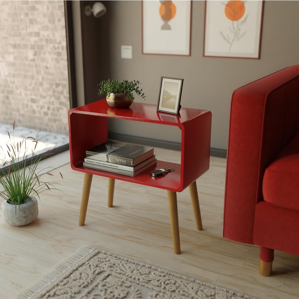 ETIQUETTE ART Retro Bookcase Nightstand, End Table,Bed Side Table for Small Spaces Magazine Stand with Storage Engineered Wood Wooden Bedside Table, Coffee Table, Living Room/Bedroom (Red)-image-3