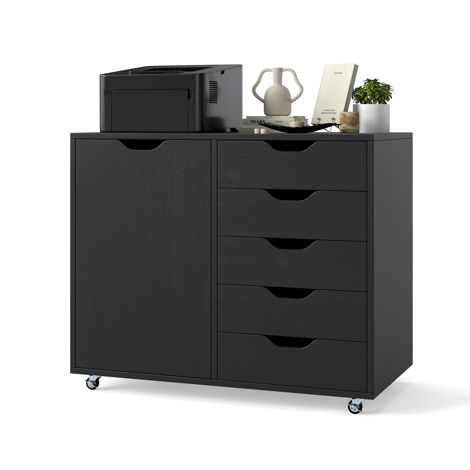 RELAX4LIFE Cassettiera Ufficio con 5 Cassetti e Armadietto, Guide Metalliche, Schedario Portadocumenti con Anta e Ruote, Mobile Porta Stampante per Ufficio, Casa, 78x40x65 cm (Nero)