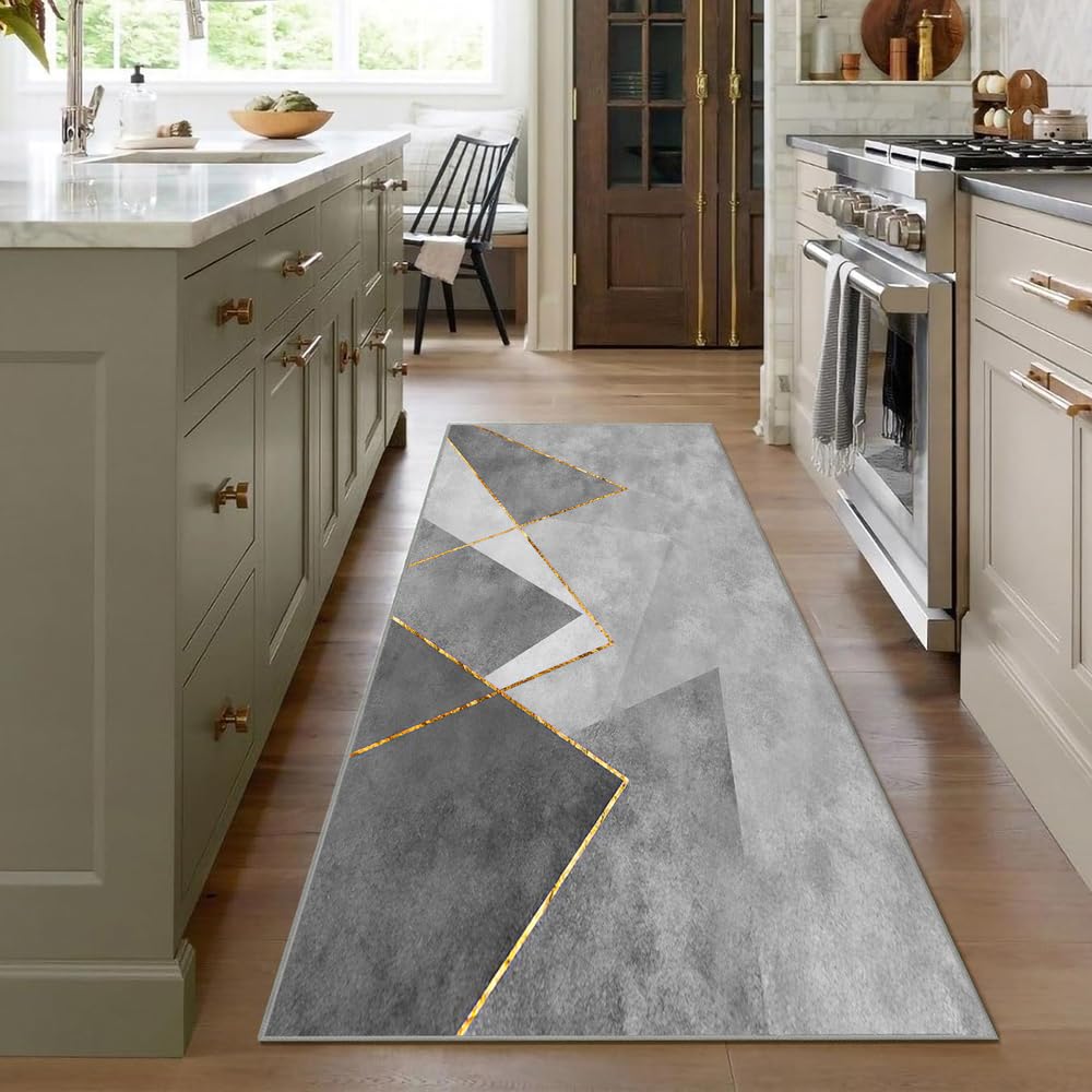Tappeto Passatoia per Casa, Antiscivolo e Lavabile, per Cucina Corridoio Ingresso,Grigio-Oro Geometrico Moderno，70 x 280 cm