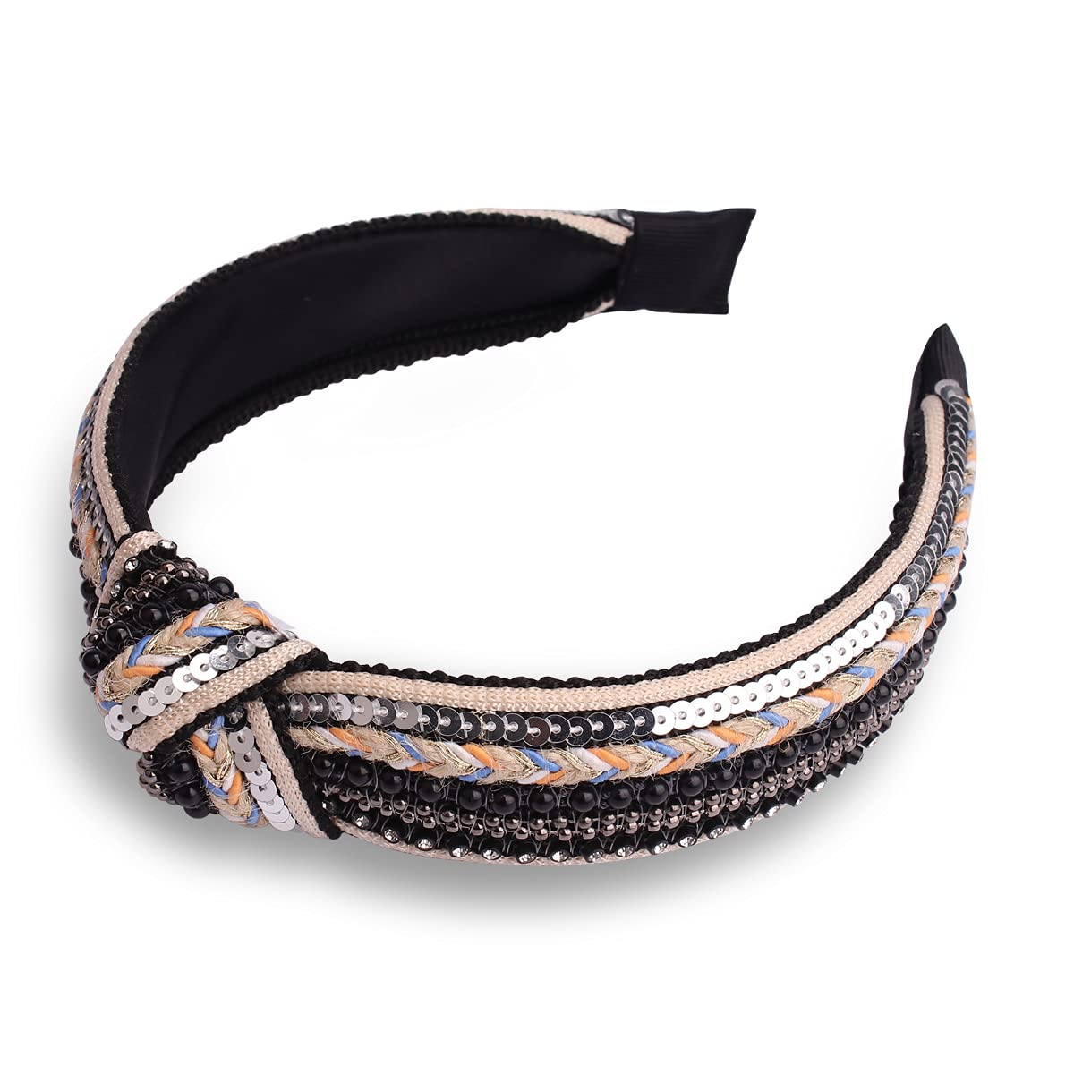 TOBATOBA Knotted Headbands for Women Sequins Pearl Headband Top Knot Head band Turban Boho Head bands for Women Beaded Wide Hairband Fashion Elegant Ladies Hair Band 3 Pack (Black, White, Red) - Image 3