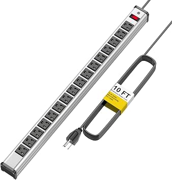 Long Surge Protector Power Strip,16 Outlet Heavy Duty Power Strip Metal Power Bar,10 FT Long Extension Cord with Circuit Breaker for Garage,Workshop,Industrial125V/1875W, ETL Listed