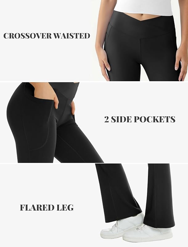 COPYLEAF Women's Flare Yoga Pants with Pockets-V Crossover High Waisted Bootcut Yoga Leggings-Flare Bell Bottom Workout Gym Leggings Black image 5