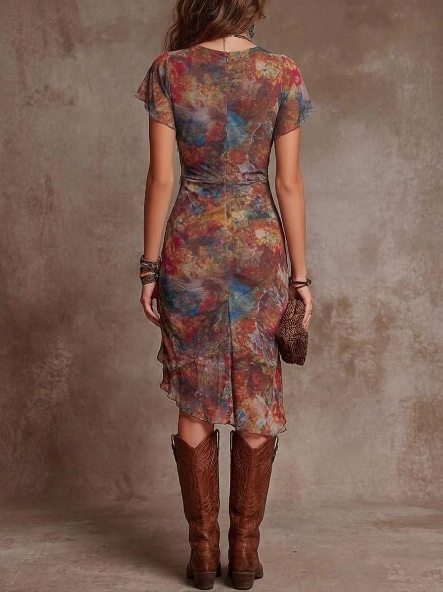 Vestido Midi Gasa Estampado Floral Boho Western Verano 2026 Mujer, Cuello V Profundo, Fruncido, Manga Volante