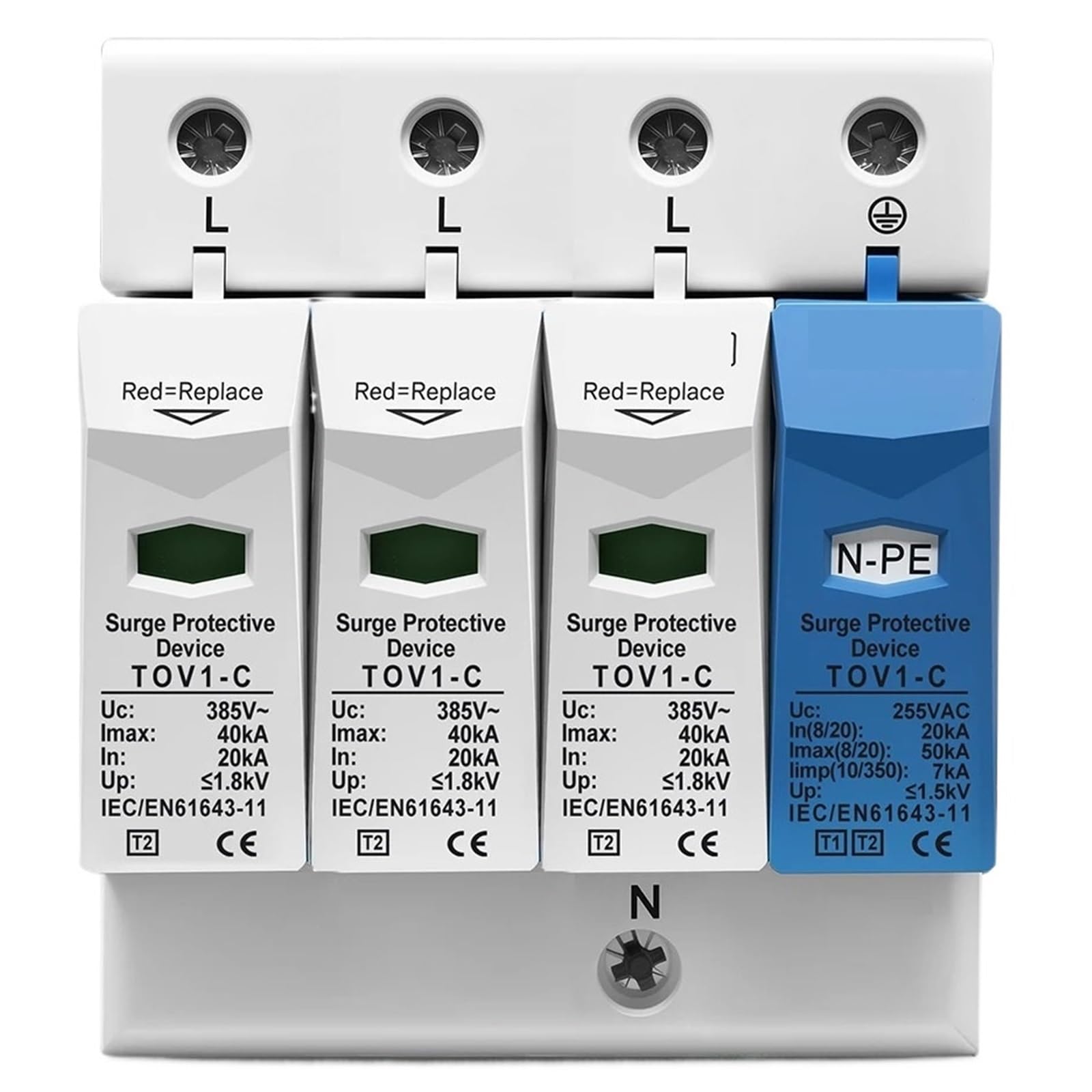 Parafoudre triphasé AC SPD 3P + NPE 20kA 50kA T2 275V/385V 255V, dispositif de protection basse tension TN-S/TN-CS