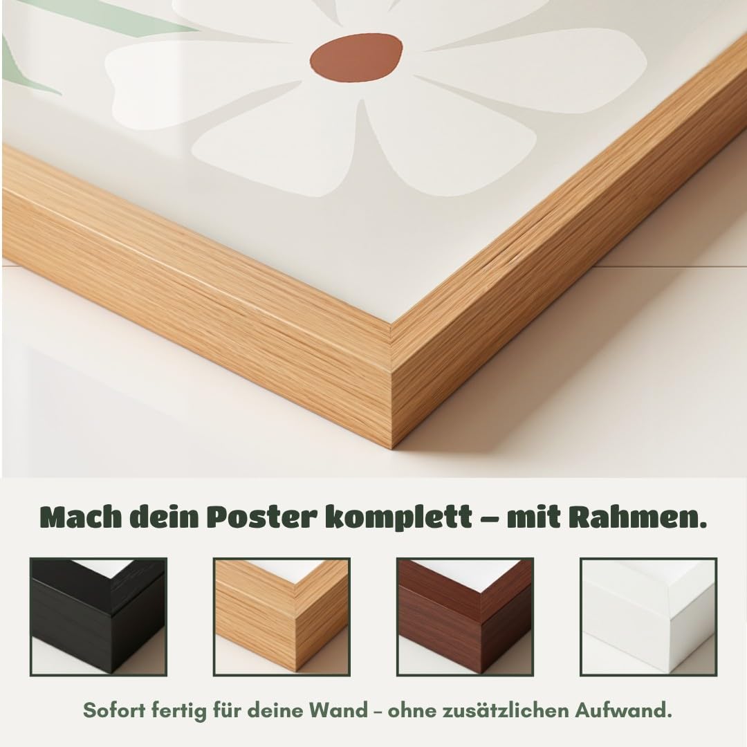 MJ-GRAPHICS® Blumen Poster Kunstdruck dekorativ Wandbild floral minimalistisch Weiß Grün Wohnzimmer Deko einladend erfrischend für stilvolles Ambiente A2 mit beigem Rahmen