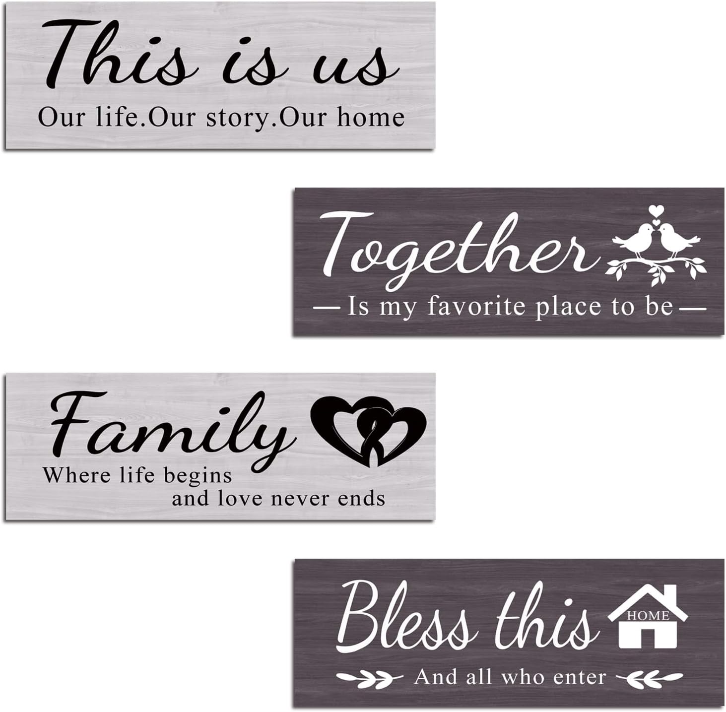 4 pcs home wall decor house decor "THIS IS US/TOGETHER/BLESS THIS HOME/FAMILY", wall decor living room family sign Rustic Wooden Farmhouse Art 13.8x4.72inch