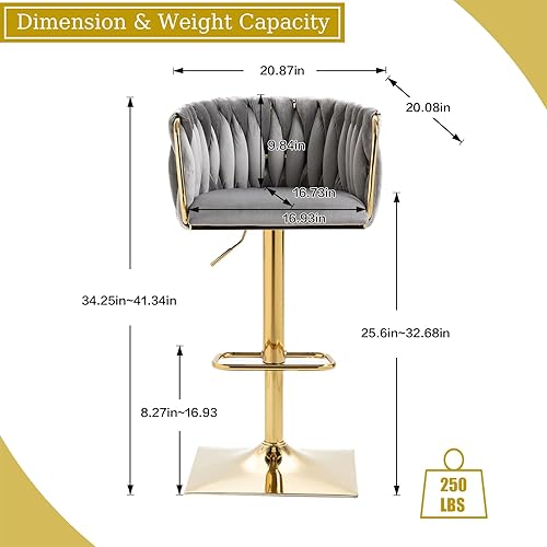 Miniatura 2 de Kurhwyss Juego de 2 taburetes de bar de terciopelo, taburetes de bar giratorios con respaldo tejido, modernas sillas de bar ajustables con base