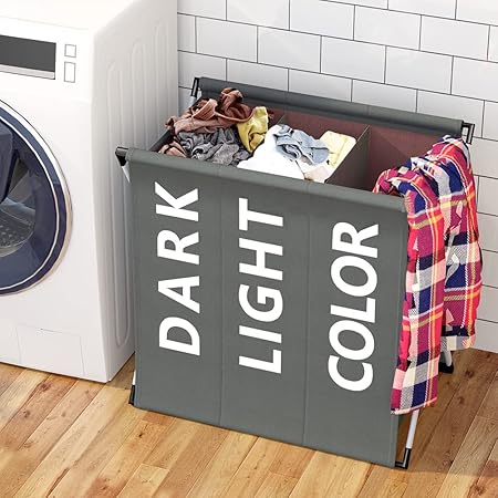 Cesto Portabiancheria BAKAJI 3 Scomparti Pieghevole - Grigio Chiaro, Tessuto E Metallo - Foto 5