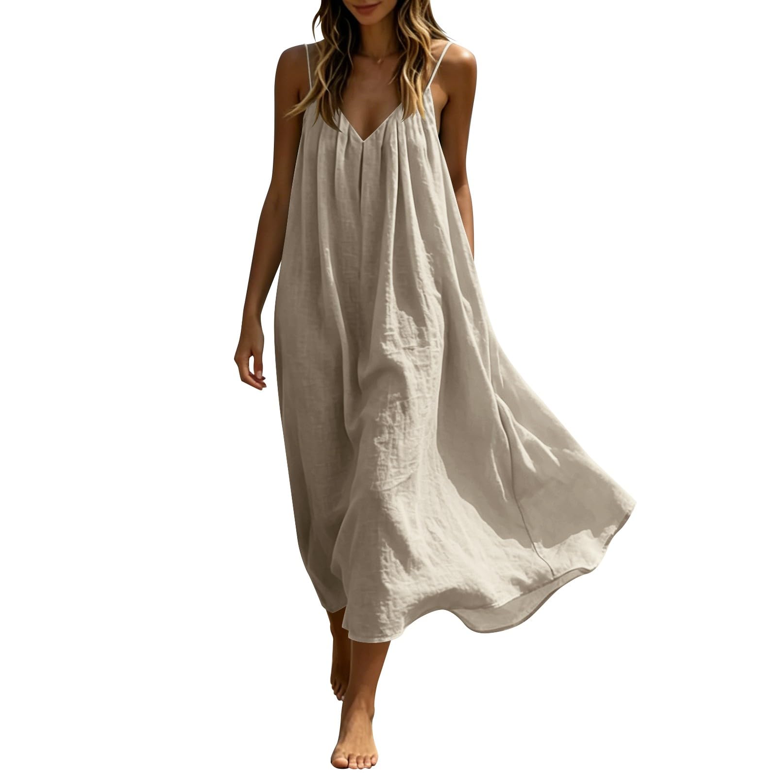 Sommerkleid Damen Ärmellos Spaghettiträger Rückenfreies Midikleid Sommer Tank Leinen Swing Kleid Strandkleid Elegantes Fließendes A-Linie Freizeitkleid Trägerkleid für Lounge Urlaub