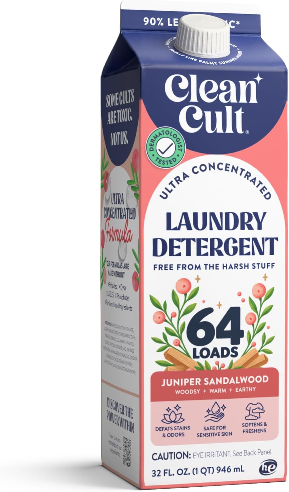 Ultra Concentrated Liquid Laundry Detergent Soap, 64 loads (32 oz), Long Lasting Scent, 90% Less Plastic, No Harsh Chemicals, Juniper Sandalwood, Defeats Stains & Odors, HE/Standard Compatible