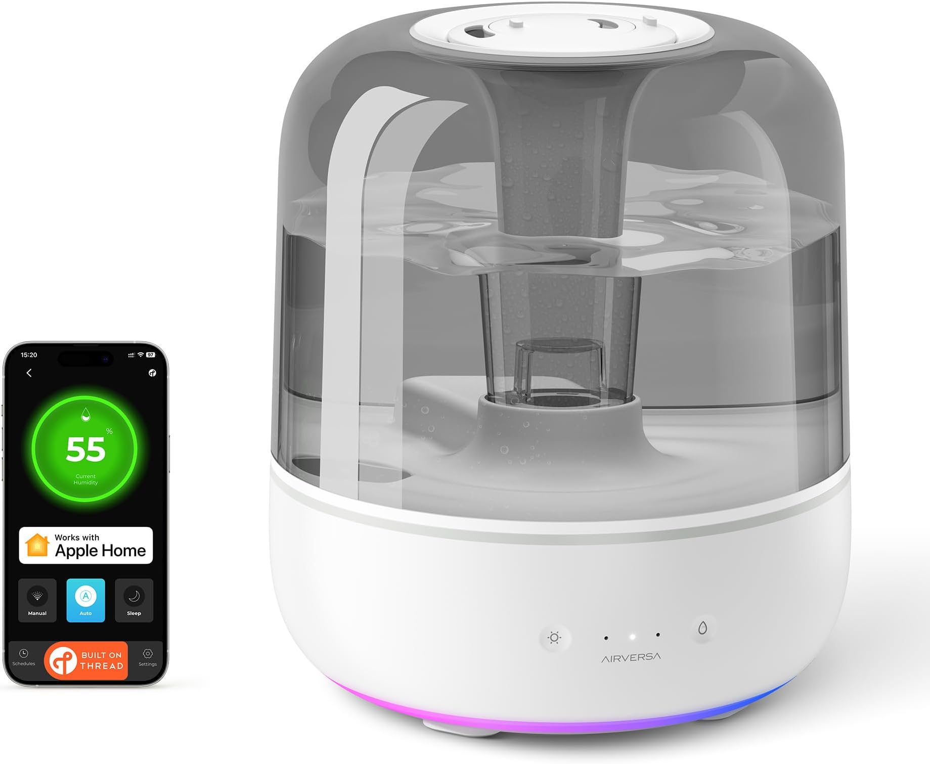 Airversa Humidifiers for Home Bedroom Large Room Smart Works with Apple Home over Thread 5.5L Cool Mist for Indoor Use App/Voice Control, Dazzling Lighting Effects (Pebble Grey, Humelle AH1)
