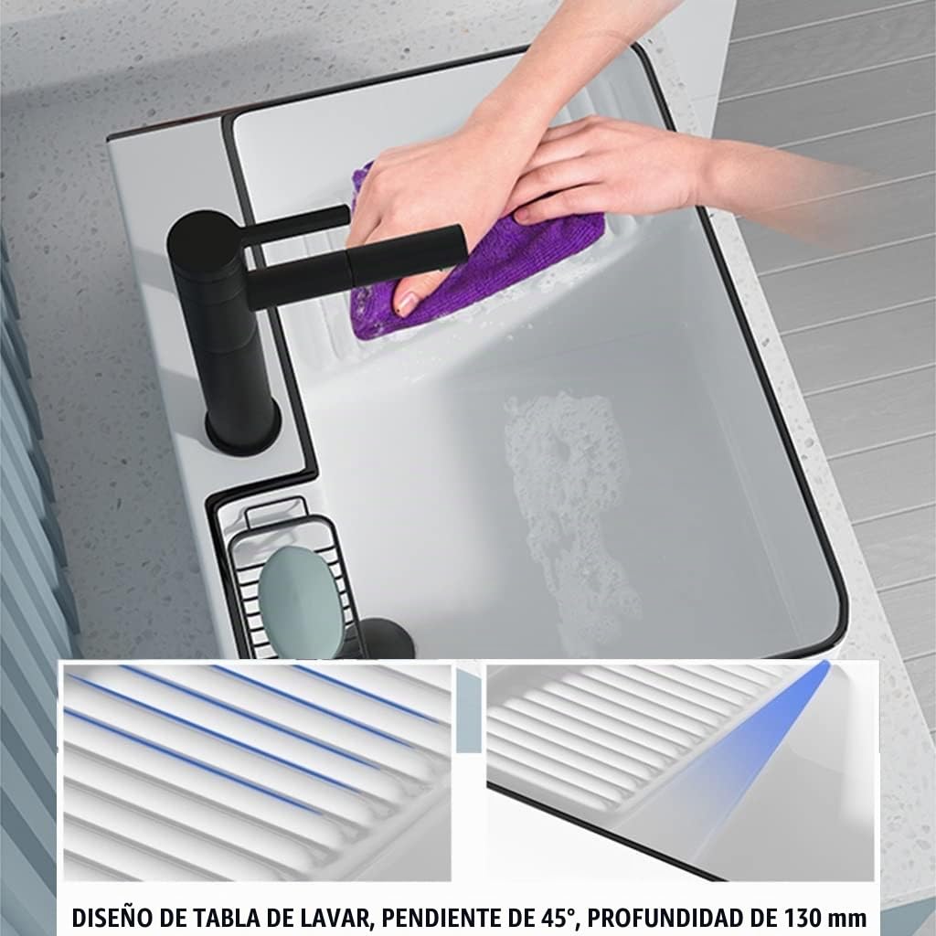 Fregadero De Cerámica para Encimera De Baño Rectangular con Tabla De Lavar, Grifo Y Desagüe Emergente - Arte De Lavandería