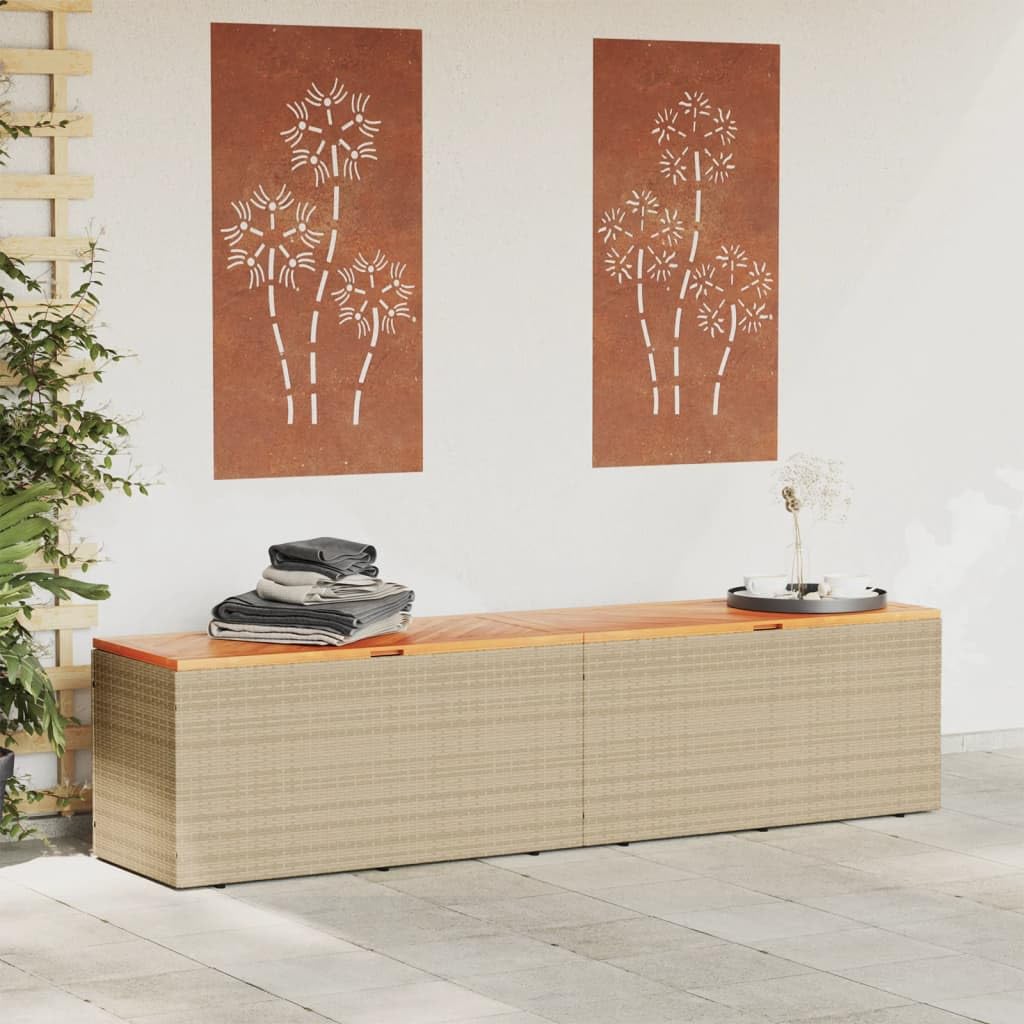 Homgoday Baúl de jardín con tapa, caja de cojín para jardín, caja de cojines, caja de almacenamiento, caja de almacenamiento, cofre de jardín, color beige, 220 x 50 x 54 cm, polirratán, madera de
