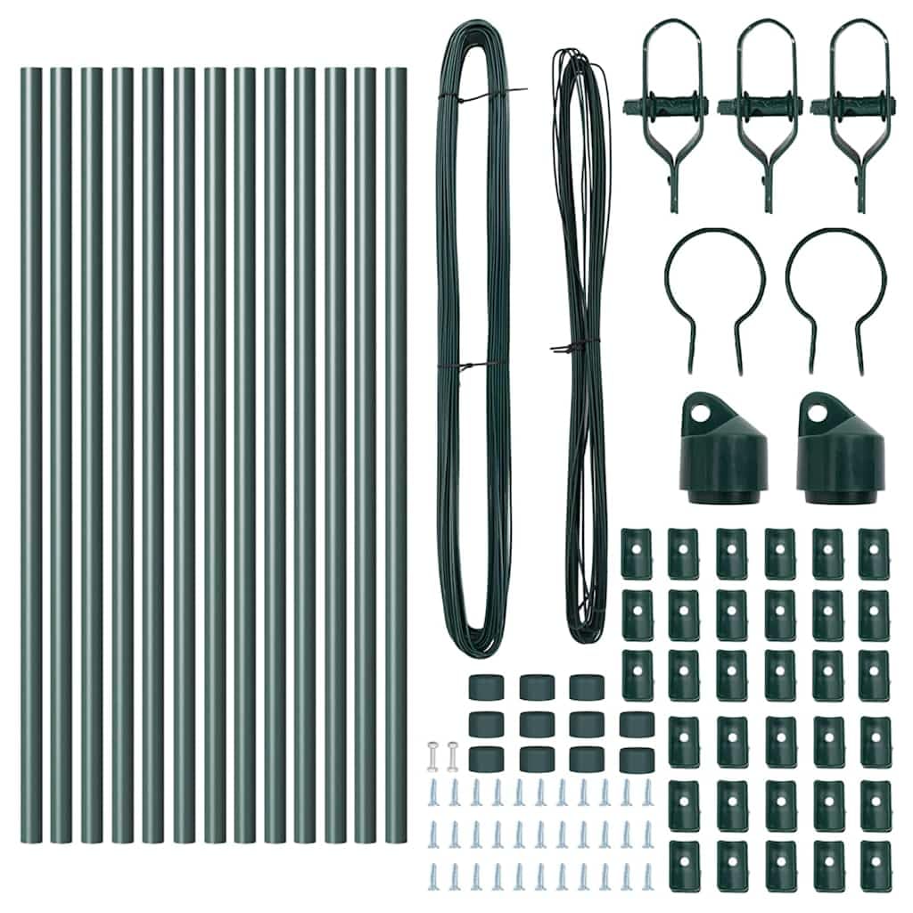 Juego de 13 postes de acero, 80 cm de longitud, revestimiento de polvo verde, incluye alambre tensor y accesorios para valla de jardín, valla de malla de alambre y limitación de parcelas