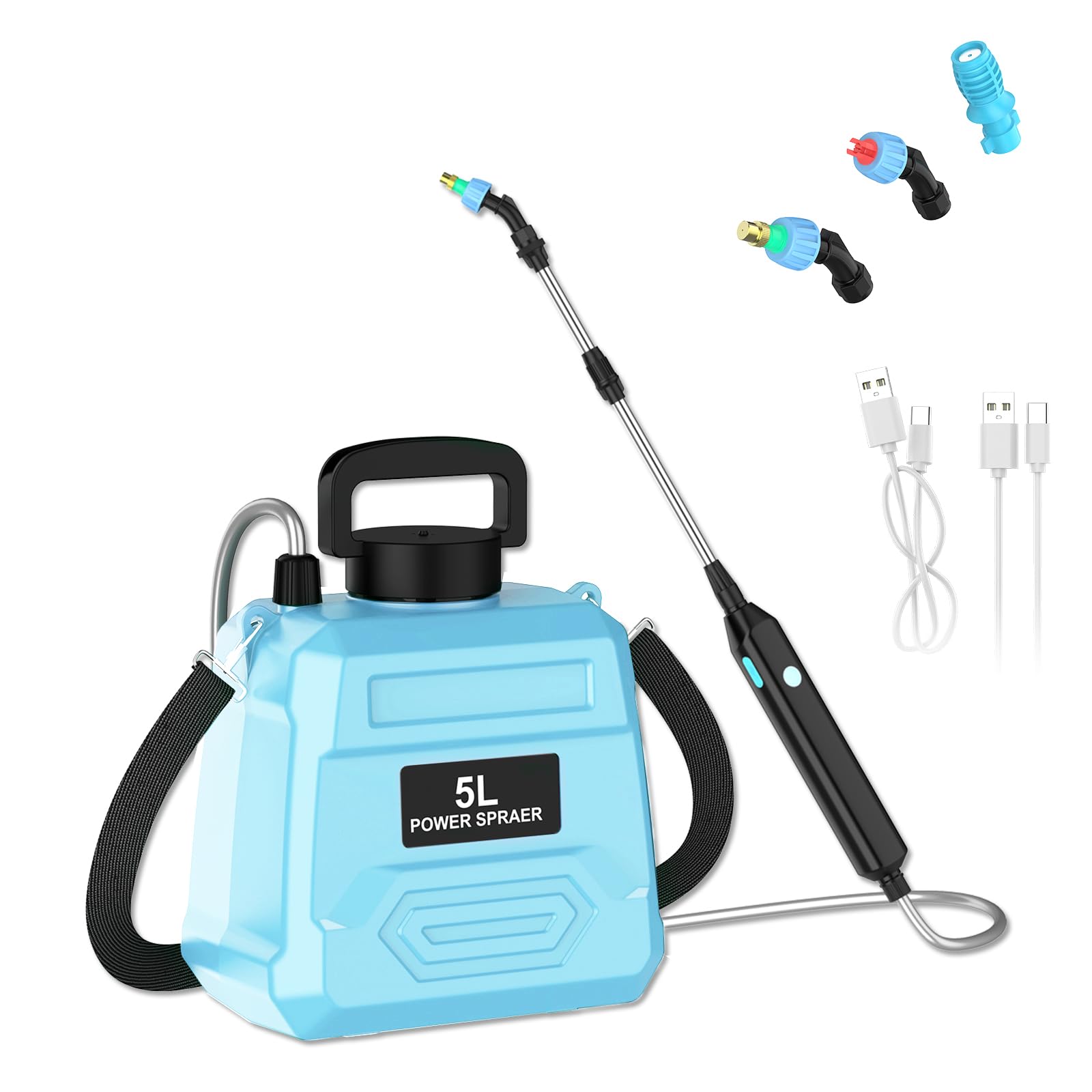 Pulvérisateur Électrique 5L Jardin, Batterie 1800mAh, 2 Vitesses, Perche Télescopique, 2 Buses, Sangle Confortable