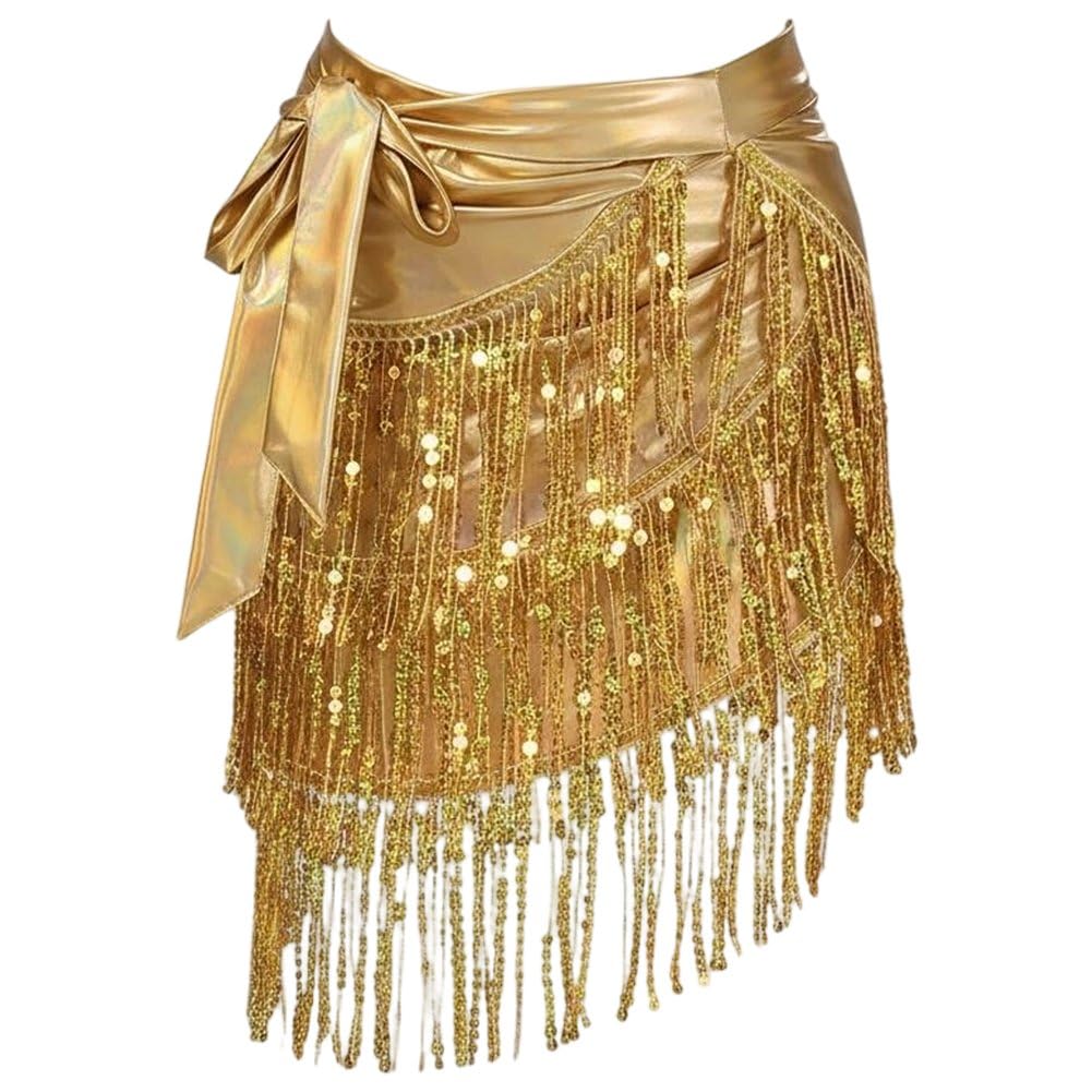 Sslvya Belly Dance Hip Scarf Sequin Tassel Skirt Wrap Sparkly Sequin Fringe Wrap Skirts Rave Costume for Women