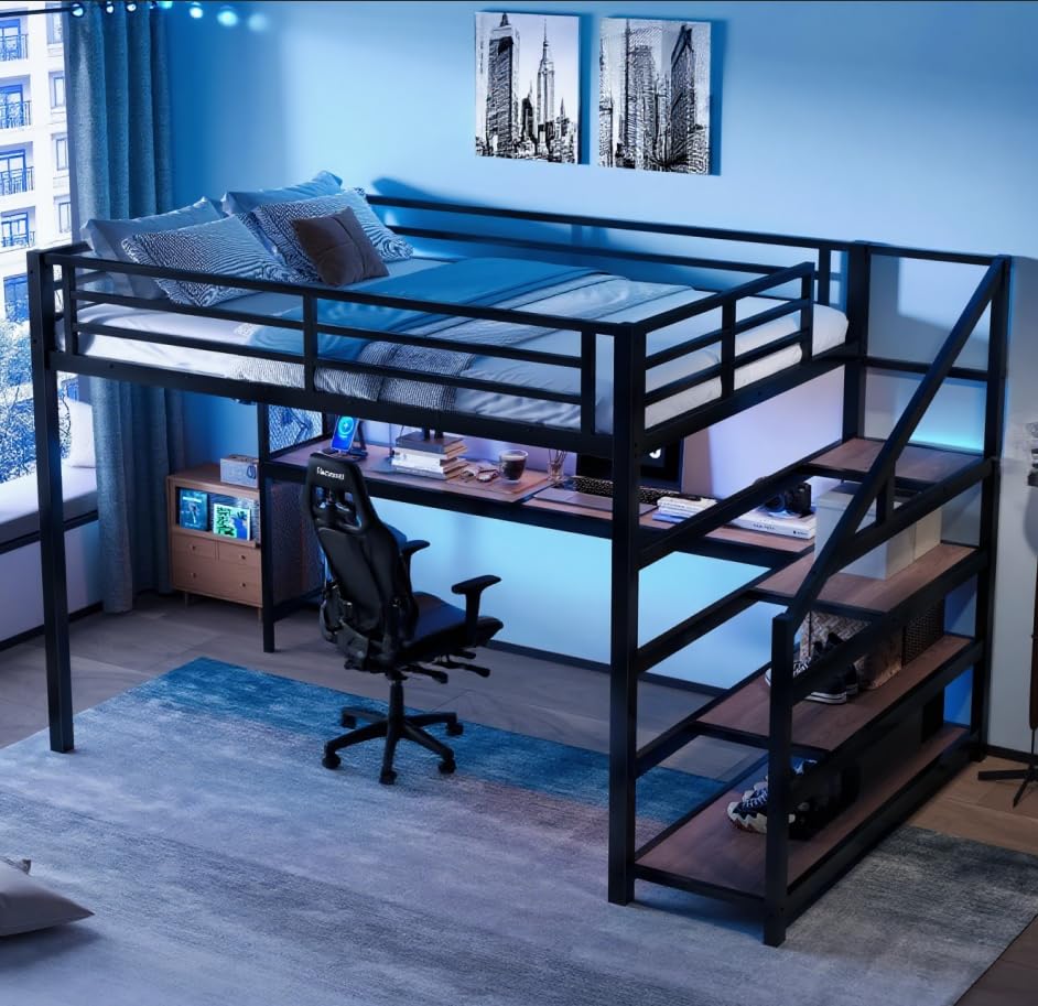 Image of Bellemave Queen Size loft Bed with Storage Stairs, Shelves, Metal Queen Loft Beds with LED Lights, USB Ports, Multifunctional Iron Nets for Adults, Kids, Teens, Black